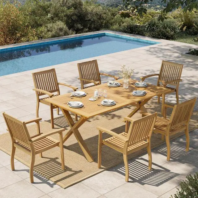 Alt view image 6 of 7 - HERA'S HOUSE 7pc Patio Dining Set, Expandable Acacia Wood Table + 6 Chairs | Rectangular wooden table with umbrella hole, Fade-resistant, all-weather furniture for backyard, garden & poolside