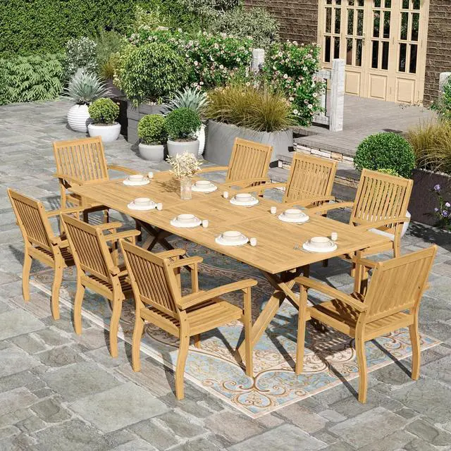 Main image of HERA'S HOUSE 9pc Patio Dining Set, Expandable Acacia Wood Table + 8 Chairs | Rectangular wooden table with umbrella hole, Fade-resistant, all-weather furniture for backyard, garden & poolside