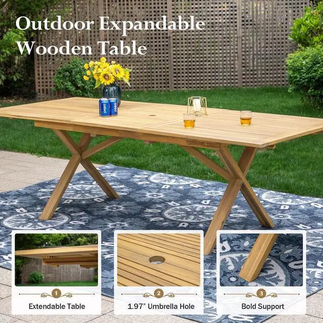 Alt view image 2 of 7 - HERA'S HOUSE 9pc Patio Dining Set, Expandable Acacia Wood Table + 8 Chairs | Rectangular wooden table with umbrella hole, Fade-resistant, all-weather furniture for backyard, garden & poolside