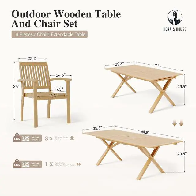 Alt view image 4 of 7 - HERA'S HOUSE 9pc Patio Dining Set, Expandable Acacia Wood Table + 8 Chairs | Rectangular wooden table with umbrella hole, Fade-resistant, all-weather furniture for backyard, garden & poolside
