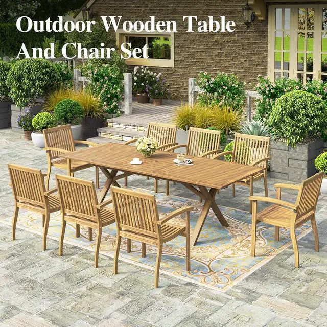 Alt view image 5 of 7 - HERA'S HOUSE 9pc Patio Dining Set, Expandable Acacia Wood Table + 8 Chairs | Rectangular wooden table with umbrella hole, Fade-resistant, all-weather furniture for backyard, garden & poolside