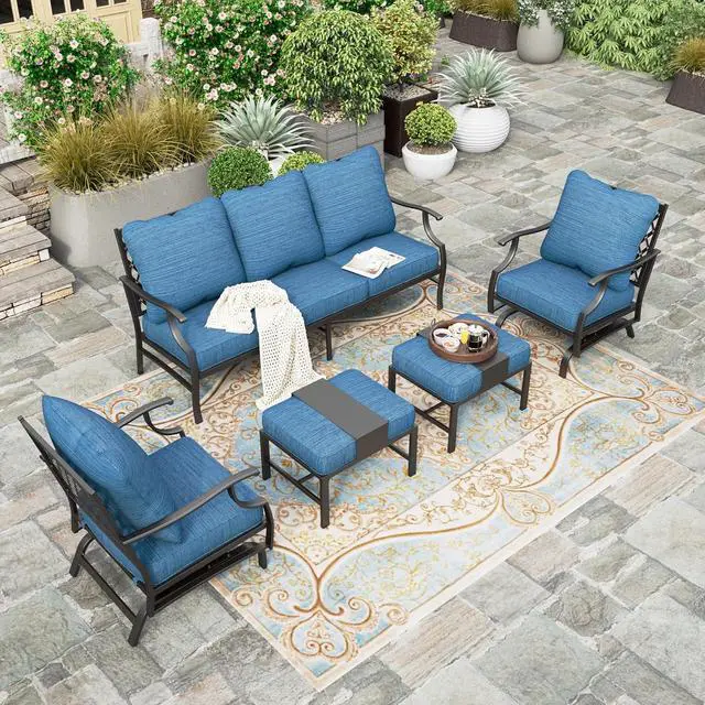 Alt view image 6 of 7 - HERA'S HOUSE 5-Piece Metal Outdoor Conversation Set, 7 Seats | Pacific Blue Rocker + Ottoman, Single chairs could support up to 350lbs, Classic