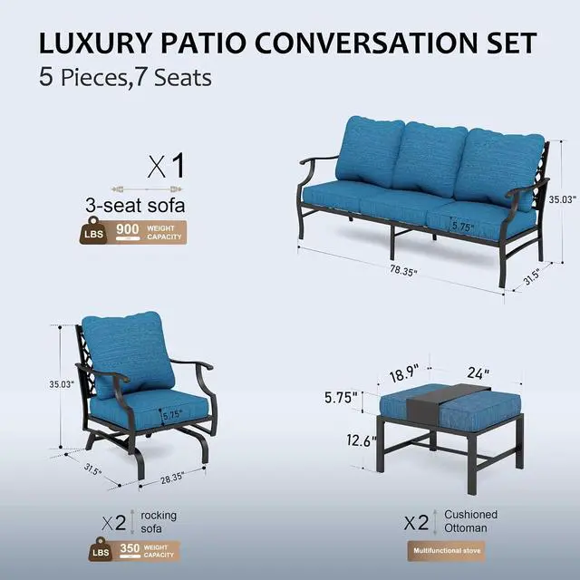 Alt view image 7 of 7 - HERA'S HOUSE 5-Piece Metal Outdoor Conversation Set, 7 Seats | Pacific Blue Rocker + Ottoman, Single chairs could support up to 350lbs, Classic