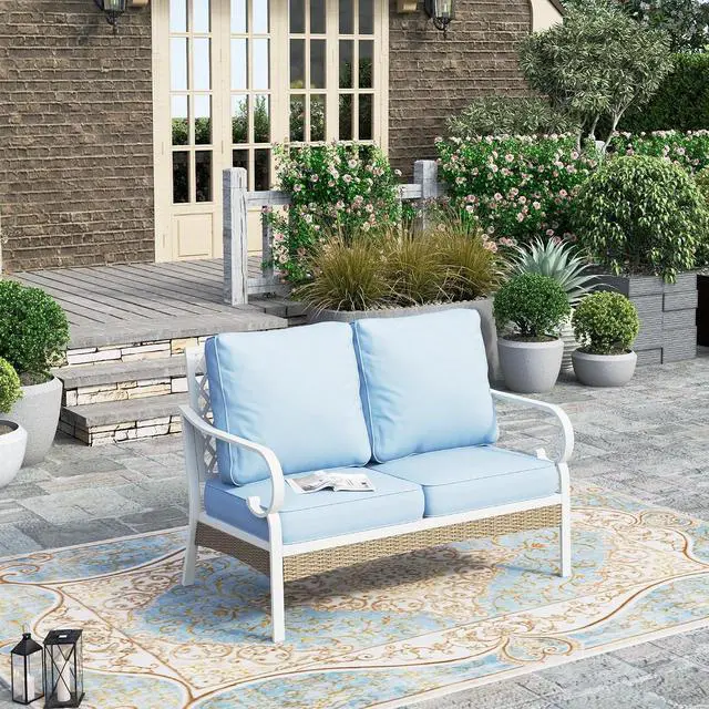 Main image of HERA'S HOUSE, 2-Seat Outdoor Patio Sofa, Wicker, Blue | Deep Seating, All-Weather, E-Coated and Powder-Coated Frame, 900 lb Capacity