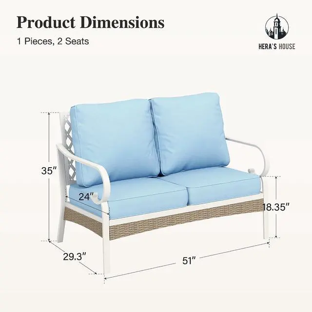 Alt view image 7 of 7 - HERA'S HOUSE, 2-Seat Outdoor Patio Sofa, Wicker, Blue | Deep Seating, All-Weather, E-Coated and Powder-Coated Frame, 900 lb Capacity