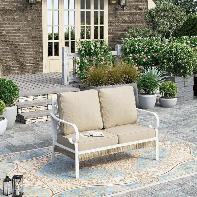 Main image of HERA'S HOUSE, 2-Seat Outdoor Patio Sofa, Wicker, Beige | High Back, Deep Seating, All-Weather, Water-Resistant Cushions, E-Coated and Powder-Coated Frame, 900 lb Capacity