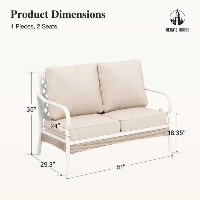 Alt view image 7 of 7 - HERA'S HOUSE, 2-Seat Outdoor Patio Sofa, Wicker, Beige | High Back, Deep Seating, All-Weather, Water-Resistant Cushions, E-Coated and Powder-Coated Frame, 900 lb Capacity