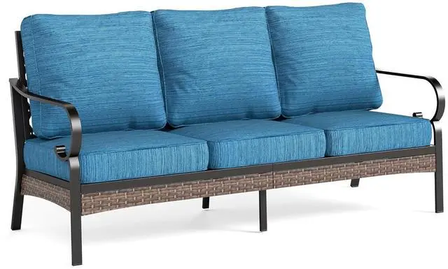 Main image of HERA'S HOUSE, 3-Seat Outdoor Patio Sofa, Metal Frame, 5.75" Cushions | Peacock Blue, High Back, Deep Seating, All-Weather, E-Coated and Powder-Coated Frame, 900 lb Capacity