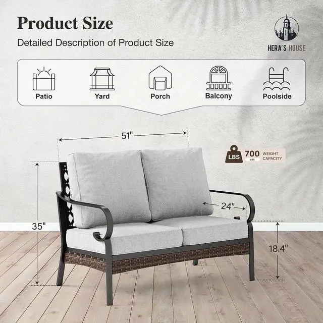 Alt view image 7 of 7 - HERA'S HOUSE, 2-Seat Outdoor Patio Sofa, Wicker, Light Grey | High Back, Deep Seating, All-Weather, Water-Resistant Cushions, E-Coated and Powder-Coated Frame, 900 lb Capacity