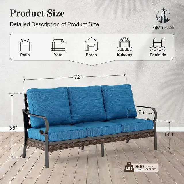 Alt view image 7 of 7 - HERA'S HOUSE, 3-Seat Outdoor Patio Sofa, Metal Frame, 5.75" Cushions | Peacock Blue, High Back, Deep Seating, All-Weather, E-Coated and Powder-Coated Frame, 900 lb Capacity