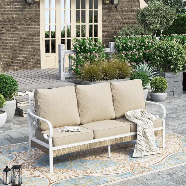 Main image of HERA'S HOUSE Patio Furniture Sofa, All-Weather 3-Seat Cushioned Sofa, Beige | 3-Seat Sofa Size, White-beige Color