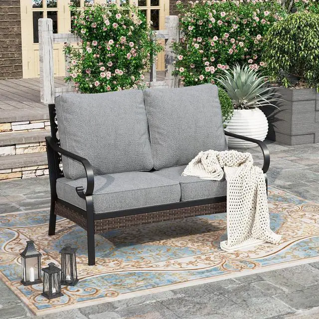 Main image of HERA'S HOUSE 2-Seater Outdoor Loveseat, Metal Frame, 5.75" Cushions | Black-gray, 900 lb capacity, waterproof and oil-proof fabric, high back, deep seating, E-coated and powder-coated