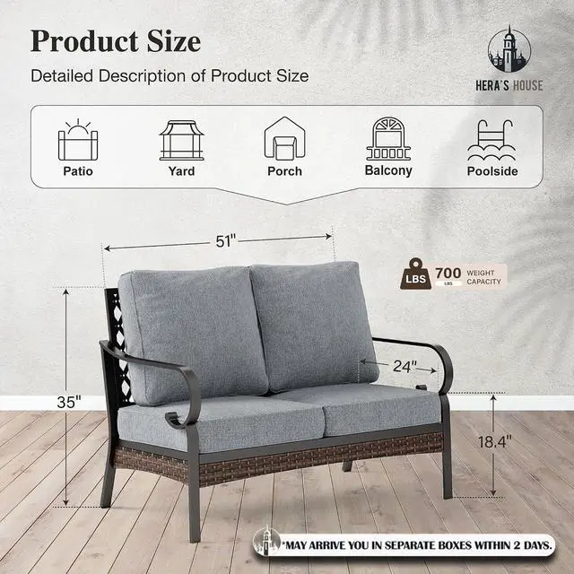 Alt view image 7 of 7 - HERA'S HOUSE 2-Seater Outdoor Loveseat, Metal Frame, 5.75" Cushions | Black-gray, 900 lb capacity, waterproof and oil-proof fabric, high back, deep seating, E-coated and powder-coated