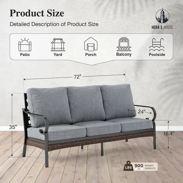 Alt view image 7 of 7 - HERA'S HOUSE, 3-Seat Outdoor Patio Sofa, Metal Frame, 5.75" Cushions, Grey | High Back, Deep Seating, All-Weather, E-Coated and Powder-Coated Frame, 900 lb Capacity