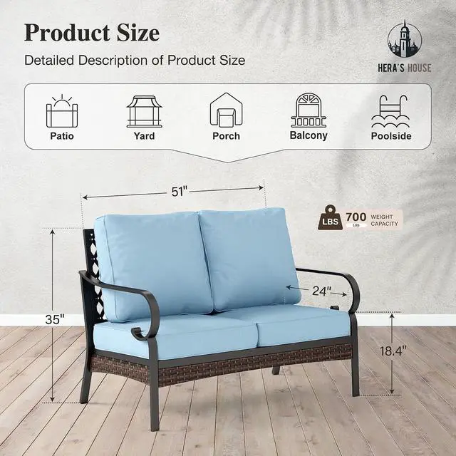 Alt view image 7 of 7 - HERA'S HOUSE 2-Seater Outdoor Loveseat, Metal Frame, 5.75" Cushions | Black-blue, 900 lb capacity, waterproof and oil-proof fabric, high back, deep seating, E-coated and powder-coated