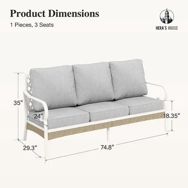 Alt view image 7 of 7 - HERA'S HOUSE, 3-Seat Outdoor Patio Sofa, Metal Frame, Grey | Deep Seating, All-Weather, E-Coated and Powder-Coated Frame, 900 lb Capacity