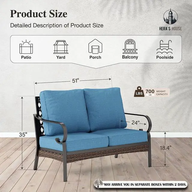 Alt view image 7 of 7 - HERA'S HOUSE 2-Seater Outdoor Loveseat, Metal Frame, 5.75" Cushions | Black-navy blue, 900 lb capacity, waterproof and oil-proof fabric, high back, deep seating, E-coated and powder-coated