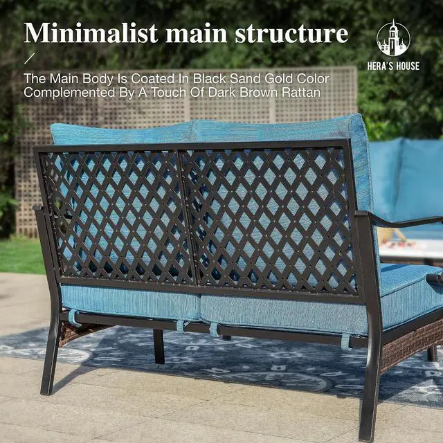 Alt view image 6 of 7 - HERA'S HOUSE 2-Seater Outdoor Loveseat, Metal Frame, 5.75" Cushions | Black-navy blue, 900 lb capacity, waterproof and oil-proof fabric, high back, deep seating, E-coated and powder-coated