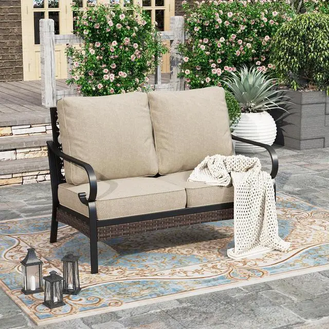 Main image of HERA'S HOUSE 2-Seater Outdoor Loveseat, Metal Frame, 5.75" Cushions | Black-beige, 900 lb capacity, waterproof and oil-proof fabric, high back, deep seating, E-coated and powder-coated