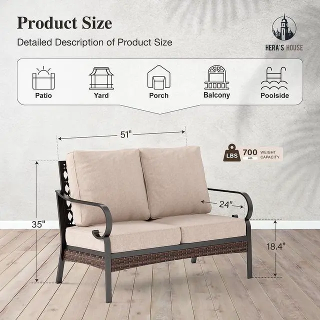 Alt view image 7 of 7 - HERA'S HOUSE 2-Seater Outdoor Loveseat, Metal Frame, 5.75" Cushions | Black-beige, 900 lb capacity, waterproof and oil-proof fabric, high back, deep seating, E-coated and powder-coated
