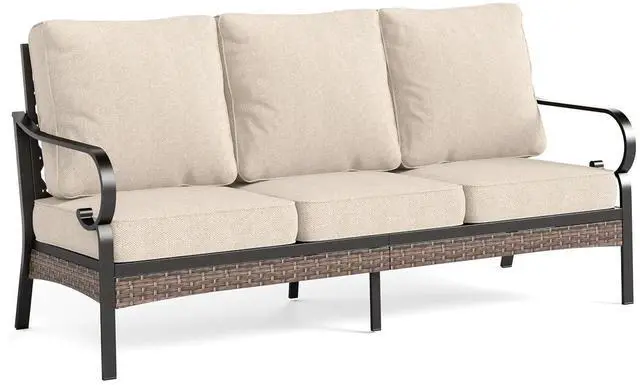 Main image of HERA'S HOUSE, 3-Seat Outdoor Patio Sofa, Metal Frame, 5.75" Cushions, Beige | High Back, Deep Seating, All-Weather, E-Coated and Powder-Coated Frame, 900 lb Capacity