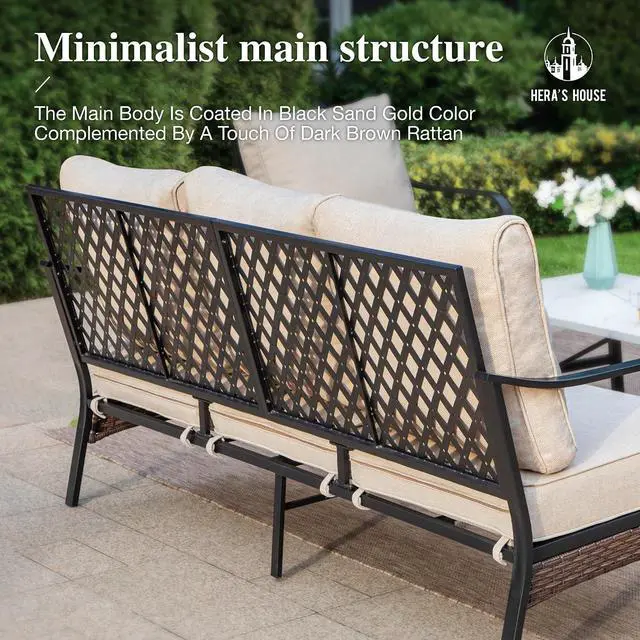 Alt view image 5 of 7 - HERA'S HOUSE, 3-Seat Outdoor Patio Sofa, Metal Frame, 5.75" Cushions, Beige | High Back, Deep Seating, All-Weather, E-Coated and Powder-Coated Frame, 900 lb Capacity