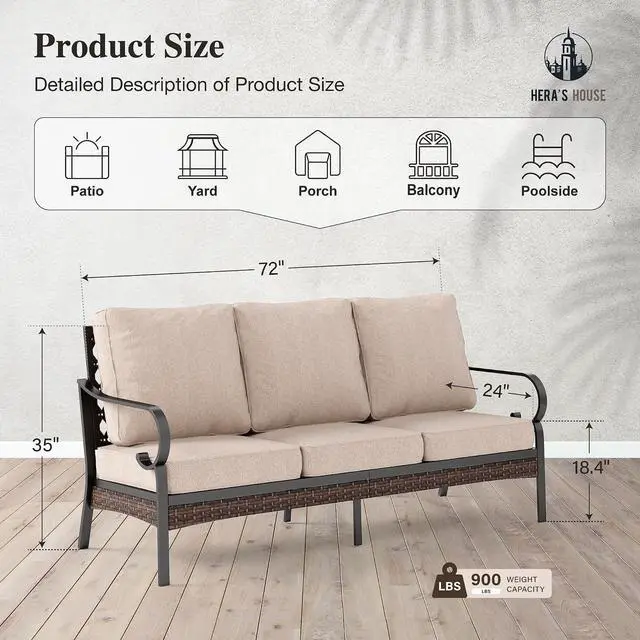 Alt view image 7 of 7 - HERA'S HOUSE, 3-Seat Outdoor Patio Sofa, Metal Frame, 5.75" Cushions, Beige | High Back, Deep Seating, All-Weather, E-Coated and Powder-Coated Frame, 900 lb Capacity