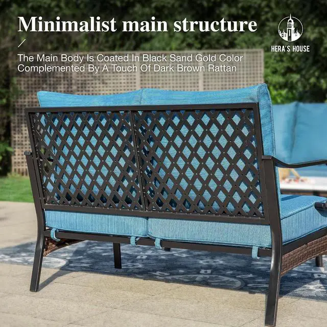 Alt view image 5 of 7 - HERA'S HOUSE 2-Seater Outdoor Loveseat, Metal Frame, 5.75" Cushions | Black-peacock blue, 900 lb capacity, waterproof and oil-proof fabric, high back, deep seating, E-coated and powder-coated
