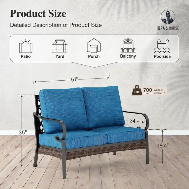 Alt view image 7 of 7 - HERA'S HOUSE 2-Seater Outdoor Loveseat, Metal Frame, 5.75" Cushions | Black-peacock blue, 900 lb capacity, waterproof and oil-proof fabric, high back, deep seating, E-coated and powder-coated