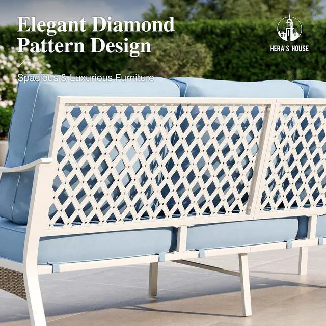Alt view image 5 of 7 - HERA'S HOUSE, 3-Seat Outdoor Patio Sofa, Metal Frame, 5.75" Cushions, Blue | High Back, Deep Seating, All-Weather, E-Coated and Powder-Coated Frame, 900 lb Capacity