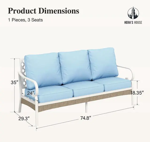 Alt view image 7 of 7 - HERA'S HOUSE, 3-Seat Outdoor Patio Sofa, Metal Frame, 5.75" Cushions, Blue | High Back, Deep Seating, All-Weather, E-Coated and Powder-Coated Frame, 900 lb Capacity