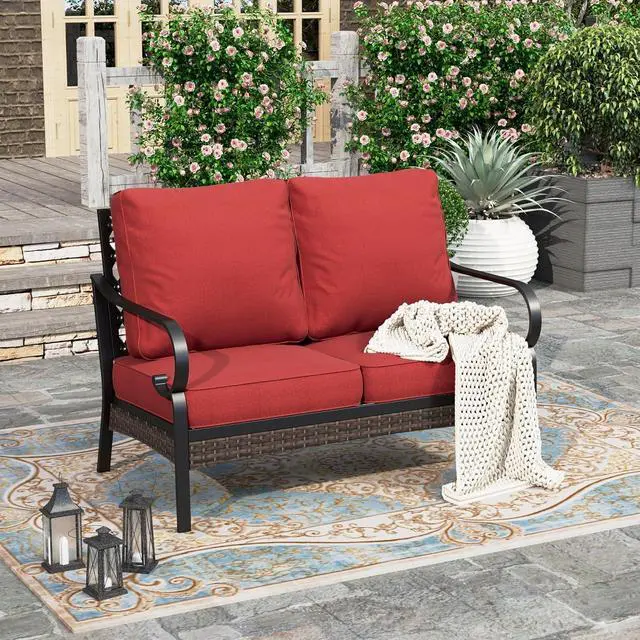 Main image of HERA'S HOUSE 2-Seater Outdoor Loveseat, Metal Frame, 5.75" Cushions | Black-red, 900 lb capacity, waterproof and oil-proof fabric, high back, deep seating, E-coated and powder-coated