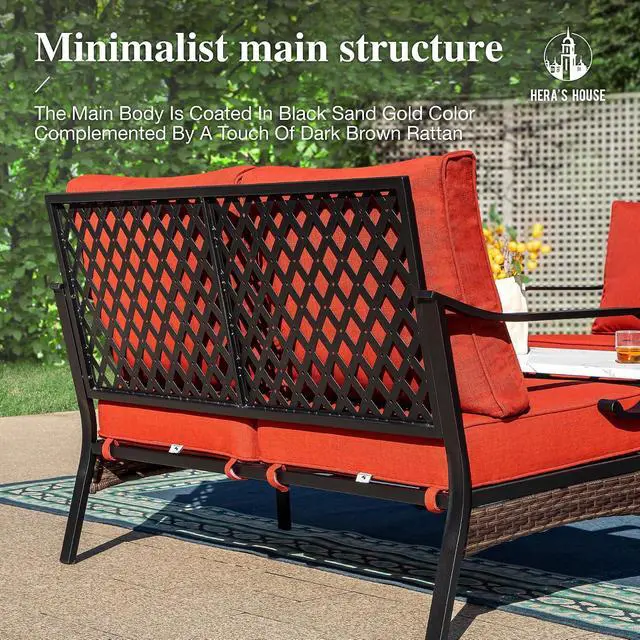 Alt view image 5 of 7 - HERA'S HOUSE 2-Seater Outdoor Loveseat, Metal Frame, 5.75" Cushions | Black-red, 900 lb capacity, waterproof and oil-proof fabric, high back, deep seating, E-coated and powder-coated