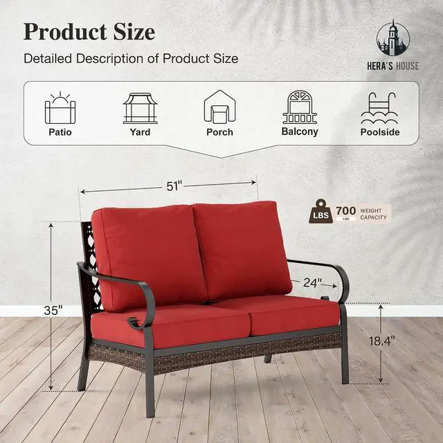 Alt view image 7 of 7 - HERA'S HOUSE 2-Seater Outdoor Loveseat, Metal Frame, 5.75" Cushions | Black-red, 900 lb capacity, waterproof and oil-proof fabric, high back, deep seating, E-coated and powder-coated