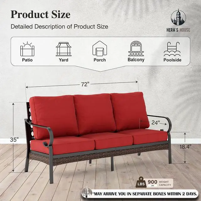 Alt view image 7 of 7 - HERA'S HOUSE, 3-Seat Outdoor Patio Sofa, Metal Frame, 5.75" Cushions, Red | High Back, Deep Seating, All-Weather, E-Coated and Powder-Coated Frame, 900 lb Capacity