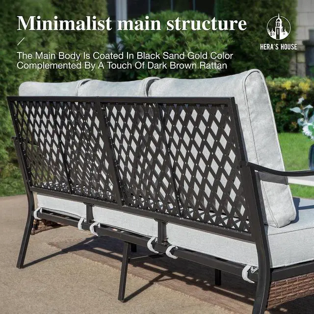 Alt view image 6 of 7 - HERA'S HOUSE 6-Piece Metal Outdoor Conversation Set, 7 Seats | Black Frame/Light Gray, Coffee Table, Single chairs could support up to 350lbs