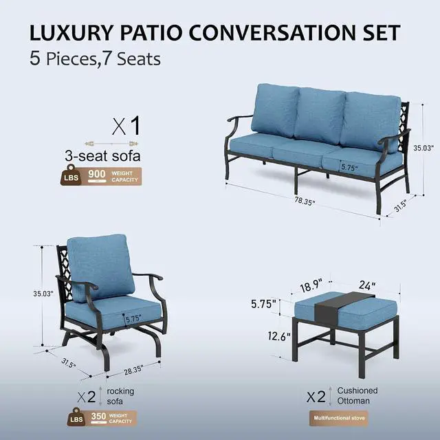 Alt view image 6 of 7 - HERA'S HOUSE 5-Piece Metal Outdoor Conversation Set, 7 Seats | Navy Blue Rocker + Ottoman, Rocking chair, Single chairs could support up to 350lbs
