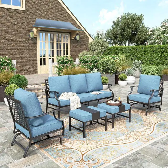Alt view image 7 of 7 - HERA'S HOUSE 5-Piece Metal Outdoor Conversation Set, 7 Seats | Navy Blue Rocker + Ottoman, Rocking chair, Single chairs could support up to 350lbs