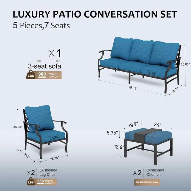 Alt view image 6 of 7 - HERA'S HOUSE 5-Piece Metal Outdoor Conversation Set, 7 Seats | Pacific Blue Leg Chair + Ottoman, Single chairs could support up to 350lbs