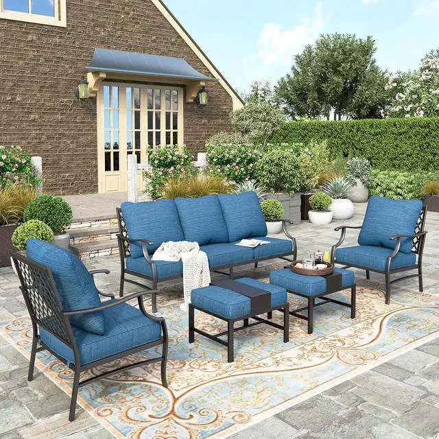Alt view image 7 of 7 - HERA'S HOUSE 5-Piece Metal Outdoor Conversation Set, 7 Seats | Pacific Blue Leg Chair + Ottoman, Single chairs could support up to 350lbs