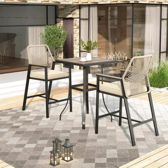 Main image of HERA'S HOUSE 3 Pieces Patio Furniture, Outdoor Wicker Bar Stools Set, Counter Height Bar Set with Rattan Backrest, All-Weather 27 Wood-Like High Top Table and Chairs for Backyard, Balcony