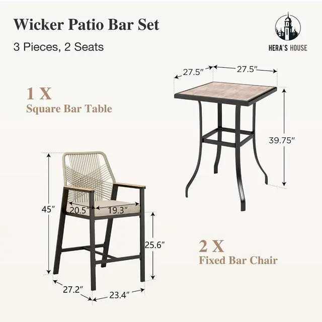 Alt view image 7 of 7 - HERA'S HOUSE 3 Pieces Patio Furniture, Outdoor Wicker Bar Stools Set, Counter Height Bar Set with Rattan Backrest, All-Weather 27 Wood-Like High Top Table and Chairs for Backyard, Balcony