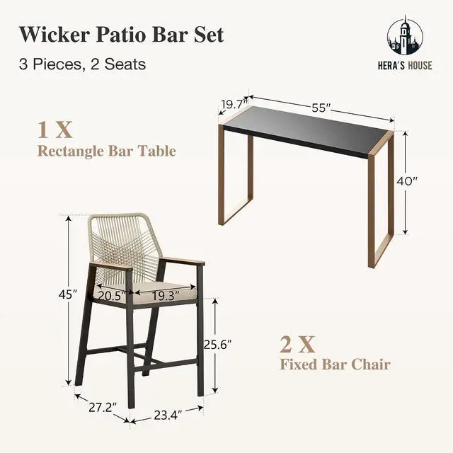 Alt view image 6 of 7 - HERA'S HOUSE 3 Pieces Patio Furniture, Outdoor Wicker Bar Stools Set, Counter Height Bar Set with Rattan Backrest, All-Weather 55 High Top Table and Chairs for Backyard, Balcony