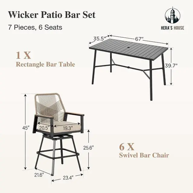 Alt view image 6 of 7 - HERA'S HOUSE Patio Swivel Bar Stools Set, 7 Pieces Outdoor High Top Table and Chairs, 67" Bar Height Metal Dining Table with 6 x Cushioned Rattan Wicker Chairs for Backyard Balcony Pool Pool