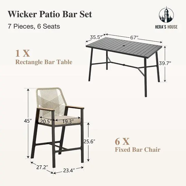 Alt view image 6 of 7 - HERA'S HOUSE 7 Pieces Patio Furniture, Outdoor Wicker Bar Stools Set, Counter Height Bar Set with Rattan Backrest, All-Weather 67 High Top Table and 6 Chairs for Backyard, Balcony