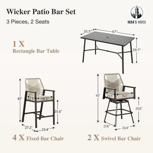 Alt view image 6 of 7 - HERA'S HOUSE 7 Pieces Patio Furniture, Outdoor Wicker Bar Stools Set for 6, 4 High Top Chairs, 2 Swivel Bar Chairs, 1 All-Weather 67 Counter Height Table for Backyard, Balcony