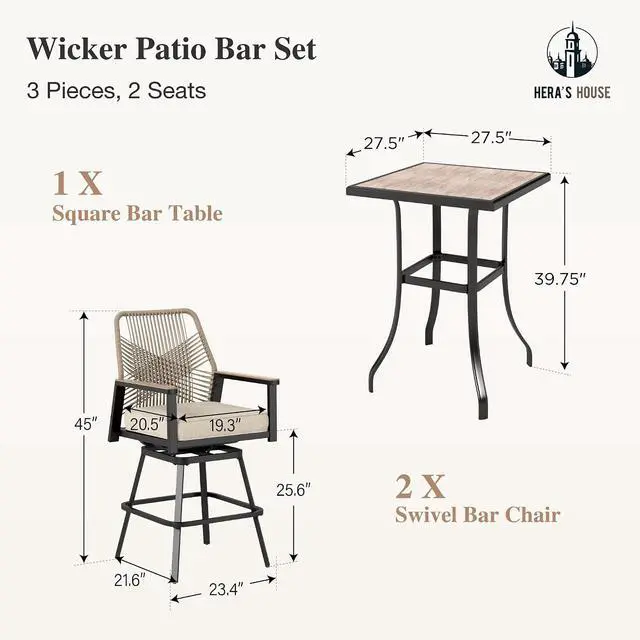 Alt view image 2 of 7 - HERA'S HOUSE Patio Swivel Bar Stools, Outdoor High Top Table and Chairs Set of 2, 3 Piece Bar Height Patio Bistro Set with Cushioned Rattan Wicker Chairs for Backyard Balcony Pool Poolside