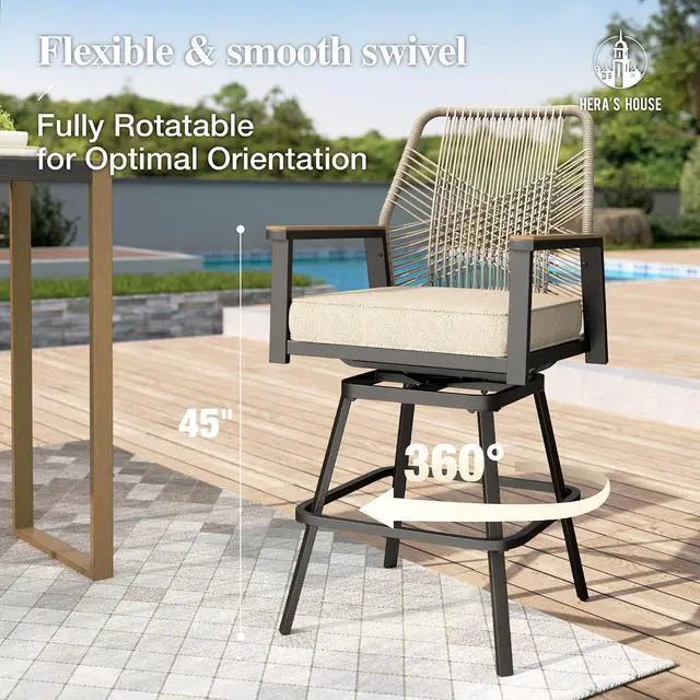 Alt view image 6 of 7 - HERA'S HOUSE Patio Swivel Bar Stools, Outdoor High Top Table and Chairs Set of 2, 3 Piece Bar Height Patio Bistro Set with Cushioned Rattan Wicker Chairs for Backyard Balcony Pool Poolside