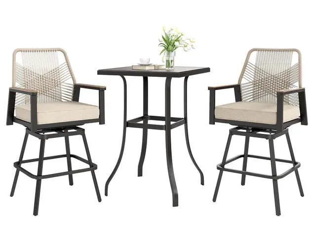 Alt view image 7 of 7 - HERA'S HOUSE Patio Swivel Bar Stools, Outdoor High Top Table and Chairs Set of 2, 3 Piece Bar Height Patio Bistro Set with Cushioned Rattan Wicker Chairs for Backyard Balcony Pool Poolside