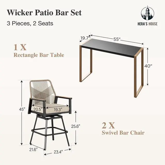 Alt view image 6 of 7 - HERA'S HOUSE Patio Swivel Bar Stools, Outdoor High Top Table and Chairs Set, 3 Piece Bar Height Patio Bistro Set with Cushioned Rattan Wicker Chairs for Backyard Balcony Pool Poolside